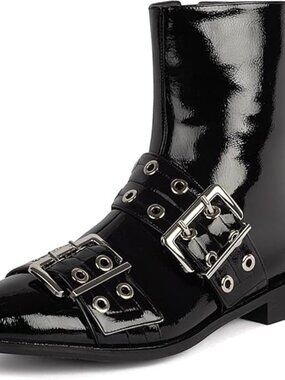 Women's Black/Patent faux leather Pointed Toe Heel Cowgirl Boots with Pull Tabs